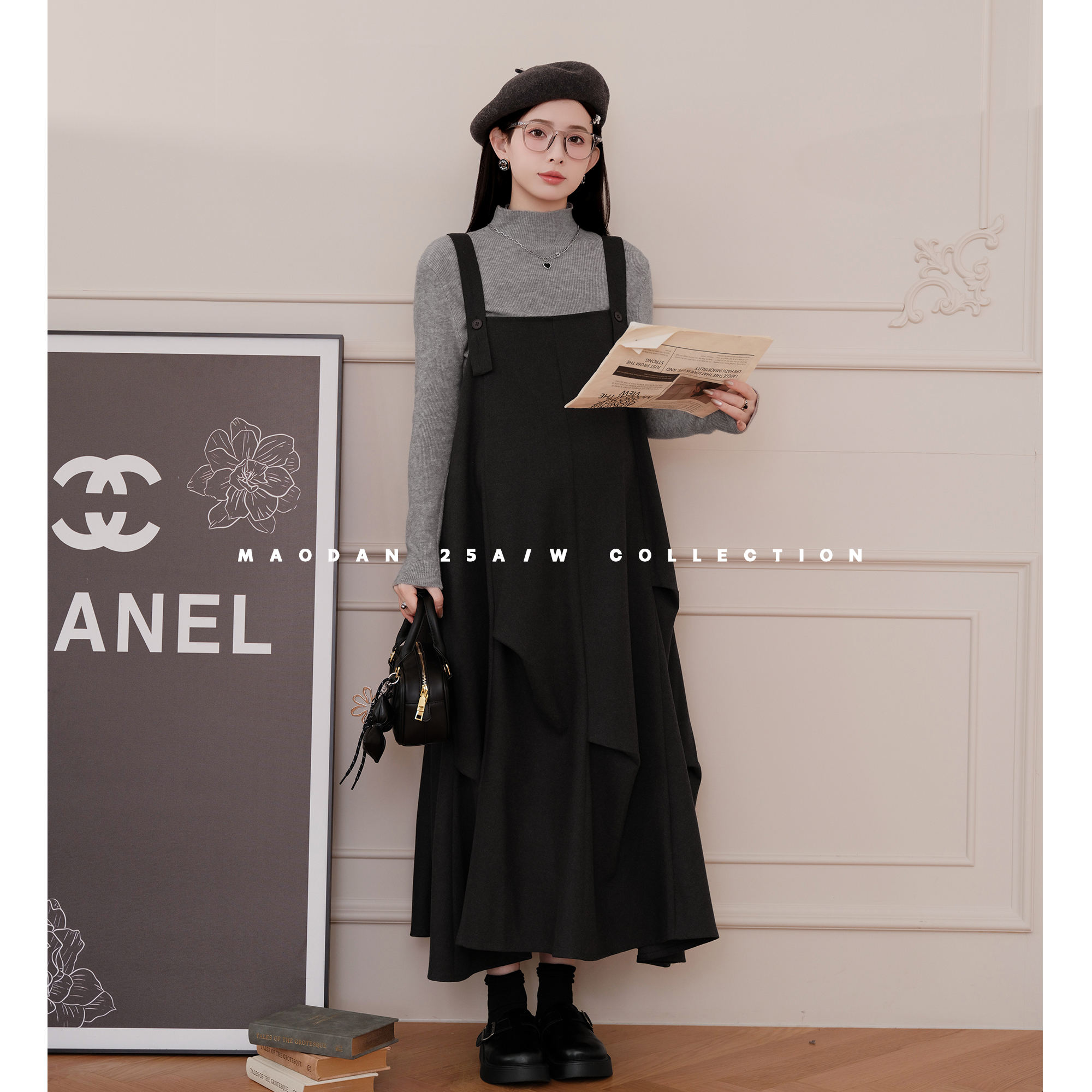 猫单【星轨灰调】【棉】孕妇装秋冬新品气质显瘦内搭背带裙套装