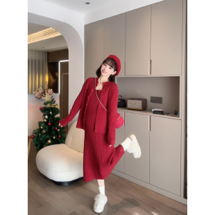 锡兰红茶 中长款 娜娜 春秋时尚 针织背心裙套装 孕期穿搭孕妇装