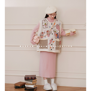 冬季 孕妇装 新品 时尚 猫单 优雅甜美马甲连衣裙两件套装 兔咪音符