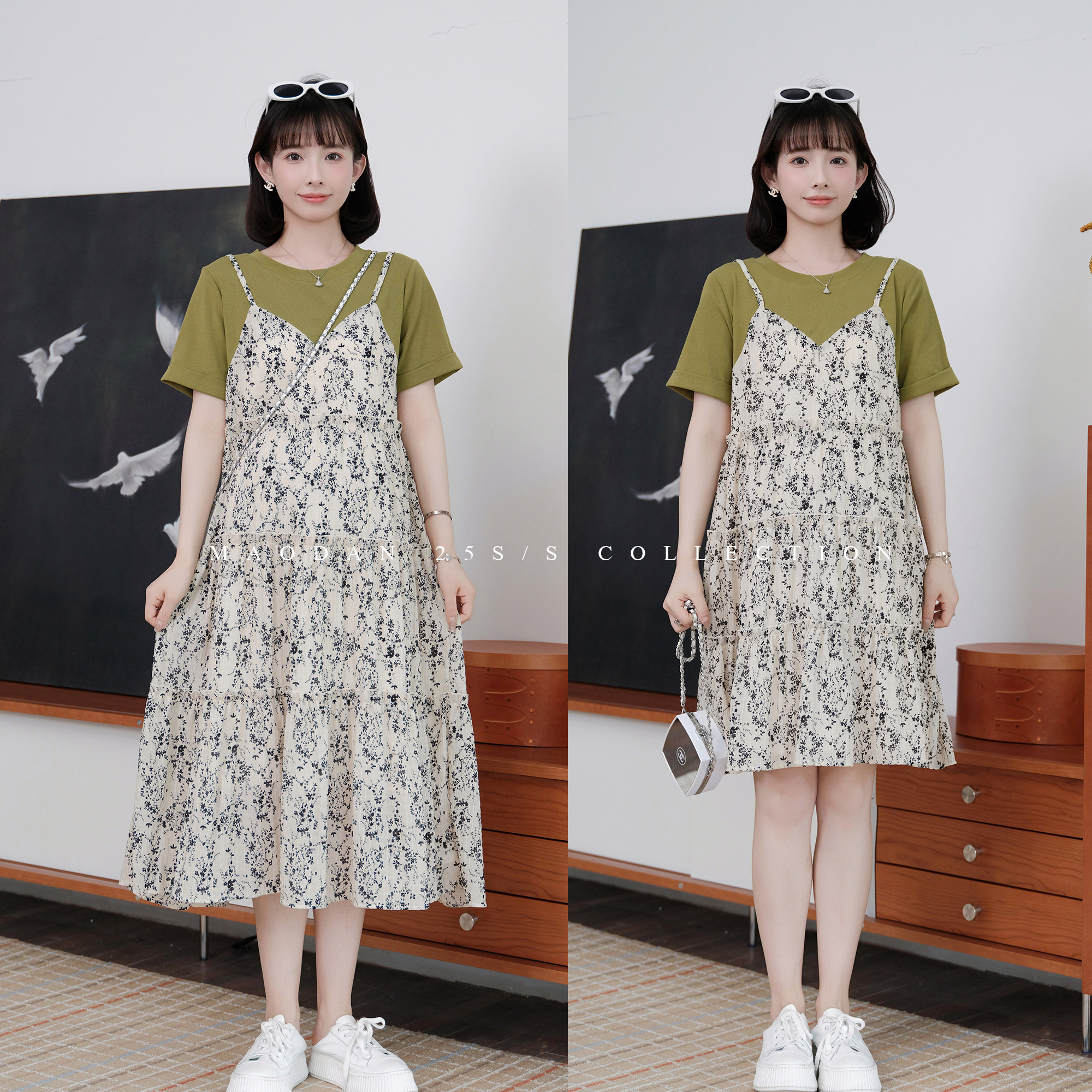 猫单【山野恋夏】娜娜的孕期穿搭孕妇装夏装假两件碎花短款连衣裙