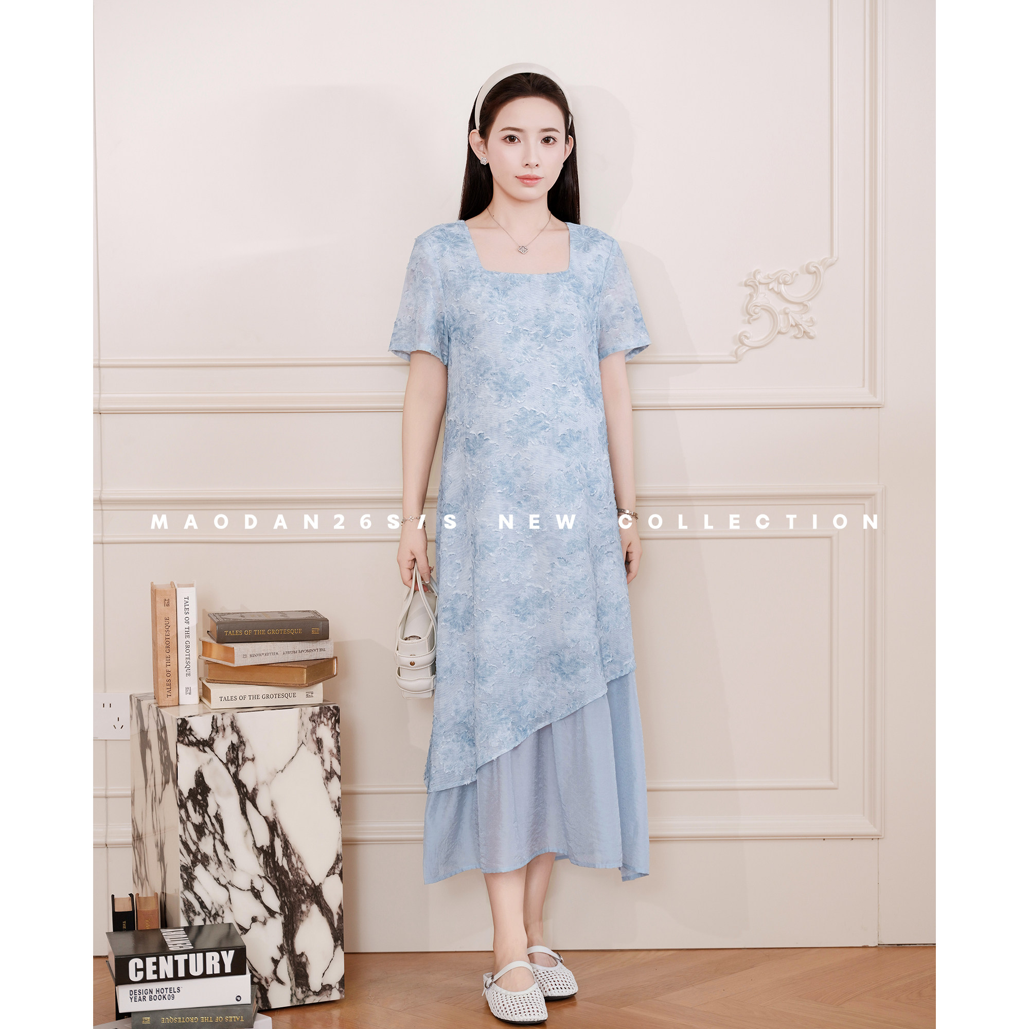 猫单【清浅蓝朵】孕妇连衣裙夏季新品时尚温柔优雅显瘦假两件长裙