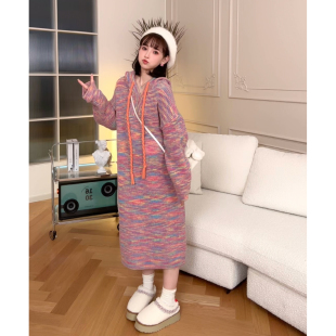 秋冬连帽针织中长款 孕期穿搭孕妇装 娜娜 毛衣裙慵懒 绮梦克鲁