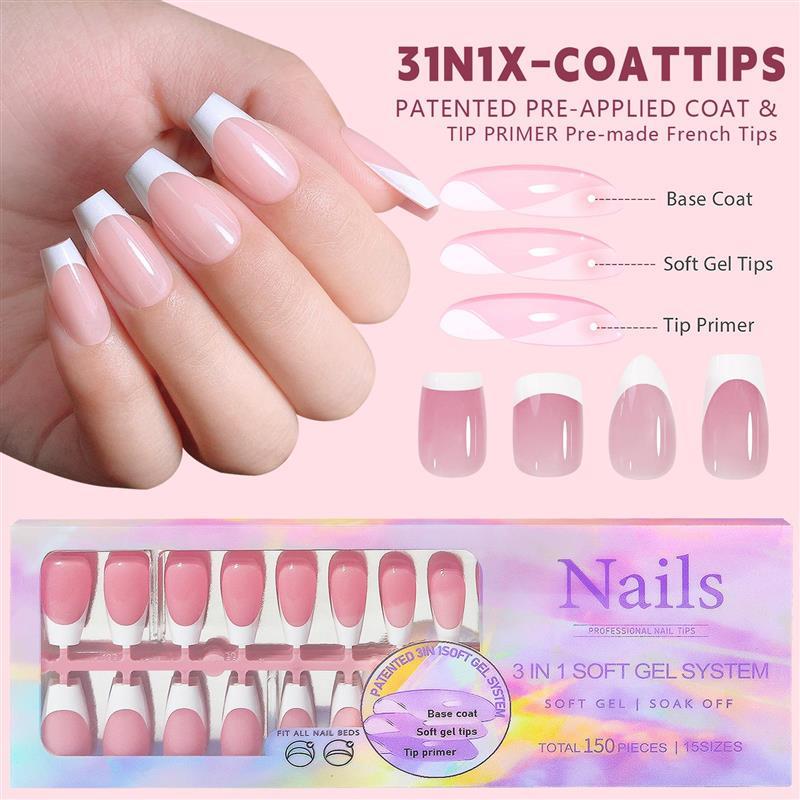 French Tip Gel Nail Tips Kit Soft Press on Nails with Nude甲