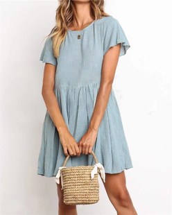 Half sleeve V-neck pocket loose spring dress五分袖短款连衣裙