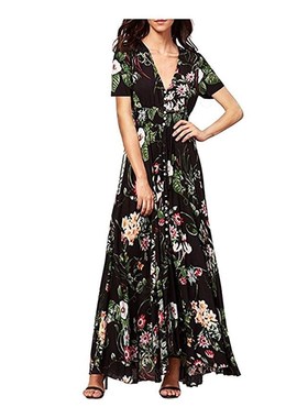 Women's Button up Split Floral Print Flowy Party Maxi Dress