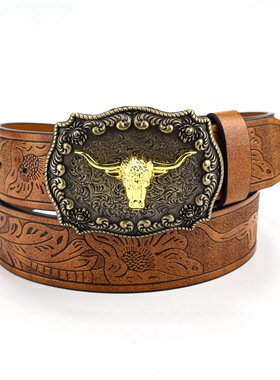 Denim belt cow head large plate buckle trendy 牛仔皮带牛头