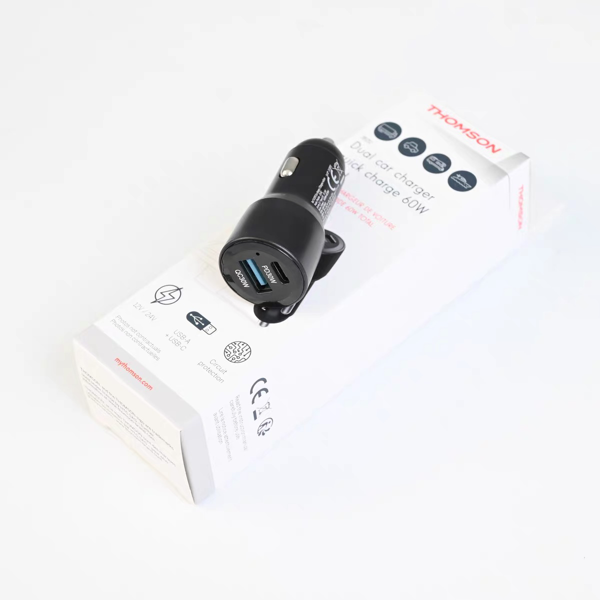 THOMSON车载点烟器车充60W 1A+1C PD30W+QC30W小巧迷你车载充电器