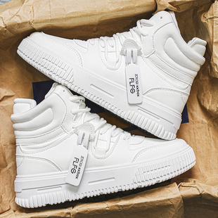 秋鞋男装高筒鞋皮面高帮鞋韩式潮流学生高邦平板鞋白色高腰运动鞋