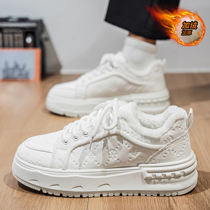 带绒皮鞋加厚棉鞋白色防水板鞋