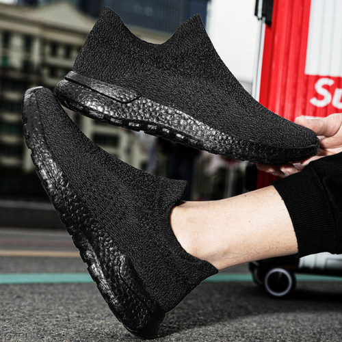 一脚蹬全黑纯黑色运动休闲网布鞋