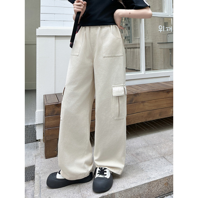 女童白色纯棉阔腿工装牛仔裤