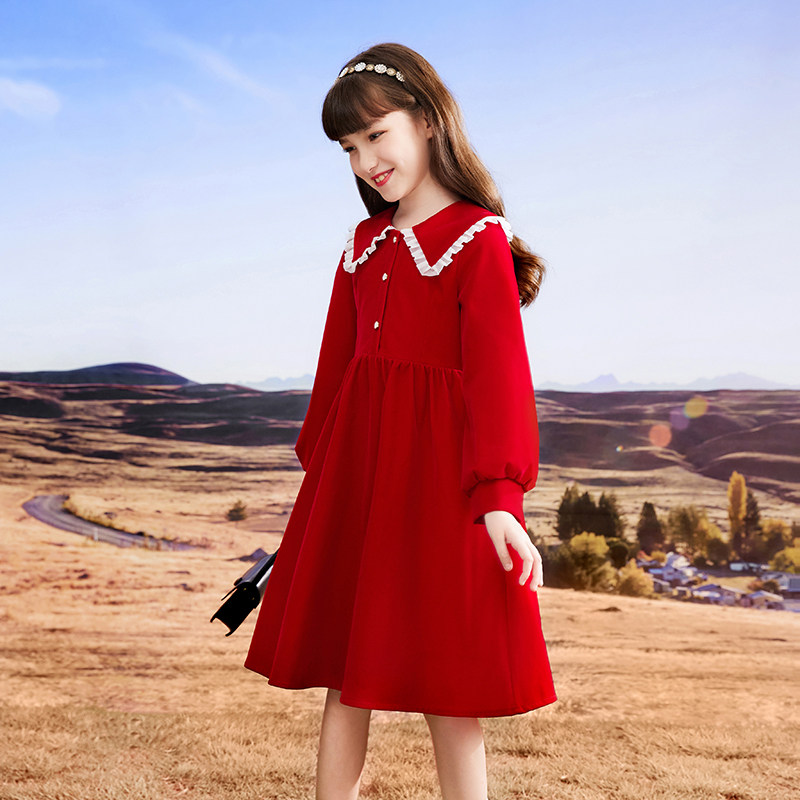 女童连衣裙春装洋气儿童红色裙子2025新款春季大童公主裙女孩春裙