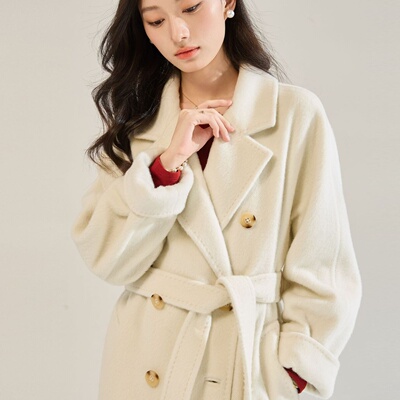 优质#25秋冬新气质感长毛苏丽羊毛白色毛呢外套中长款大衣女22673