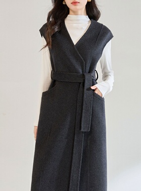 25秋冬羊绒款气质简约羊毛天丝高腰通勤风双面呢V领长款马甲25596