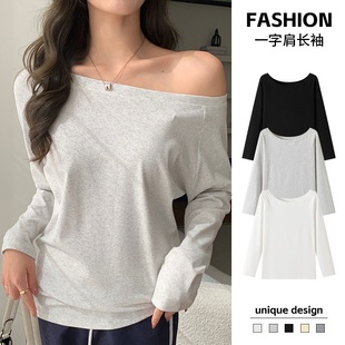 宽松显瘦上衣 t恤女秋冬季 K2205严选斜领一字肩92棉打底衫 内搭长袖