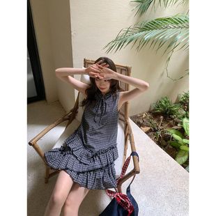 韩系绑带甜美风短裙 新品 不规则木耳边背心连衣裙女夏季 新款
