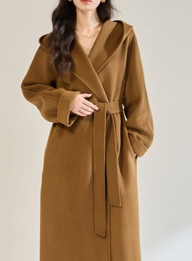 25秋冬新款休闲时尚宽松翻领浴袍长款连帽双面呢大衣外套女22672