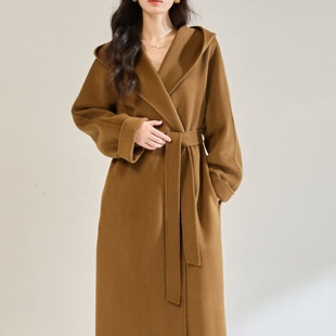 25秋冬新款休闲时尚宽松翻领浴袍长款连帽双面呢大衣外套女22672