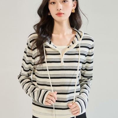 25秋季羊毛桑蚕丝条纹连帽假两件针织衫女减龄显瘦套头帽衫25617