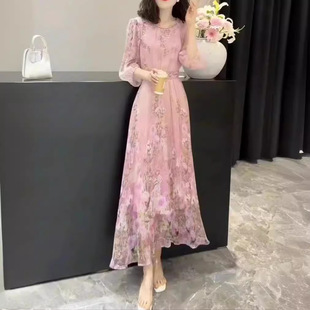 优质~拍照巨美~2025夏季新款法式碎花七分袖连衣裙雪纺显