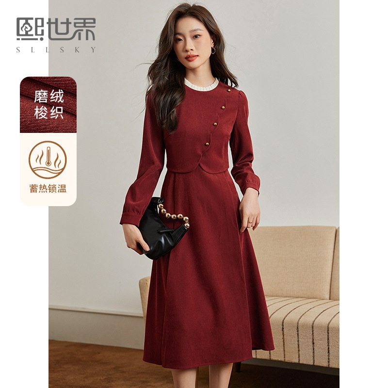 红色千金感假两件套连衣裙女秋冬复古灯芯绒裙子164LL687