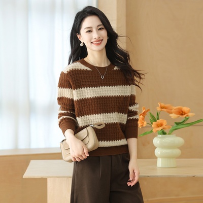 2025秋冬新款加厚保暖100%纯山羊绒打底衫女圆领条纹华夫格上衣