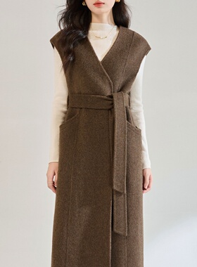 25秋冬羊绒款气质简约羊毛天丝高腰通勤风双面呢V领长款马甲25596