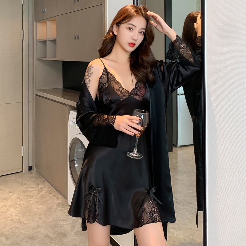 【新品】睡衣女春夏季薄款两件套睡袍性感蕾丝睡裙丝绸家居服套装