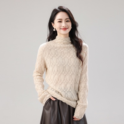 半高领毛衣女秋冬新款保暖镂空针织衫100%纯山羊绒长袖毛衣