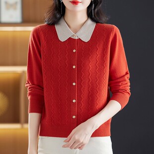 100%纯羊毛针织开衫女2025春秋新款时尚大码假两件毛衣妈妈装外套