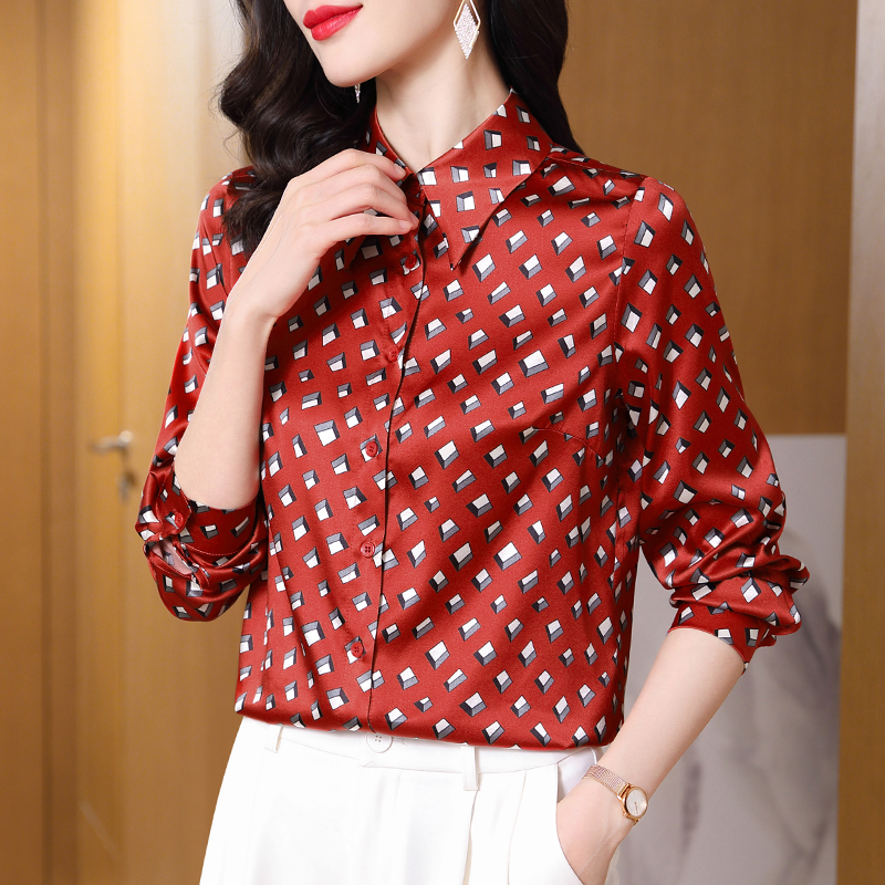 桑蚕丝衬衫女装2025春季新款时尚印花百搭杭州丝绸衬衣品牌上衣