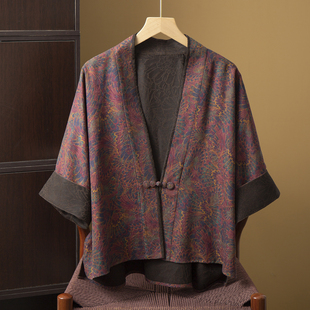 丝艺 100%桑蚕丝双面穿绢纺香云纱印花真丝开衫茶服外套一粒扣春