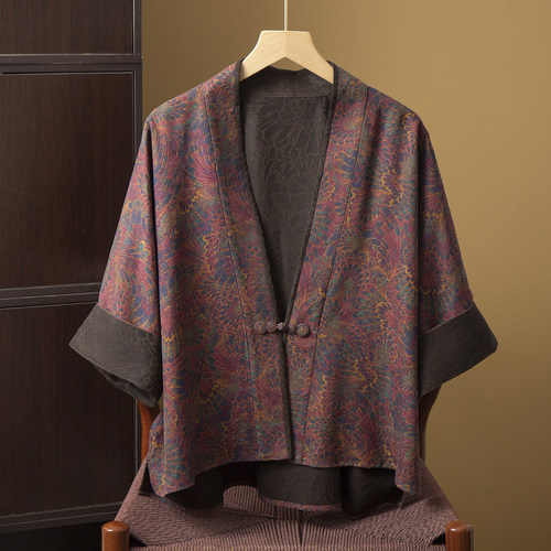 丝艺 100%桑蚕丝双面穿绢纺香云纱印花真丝开衫茶服外套一粒扣春