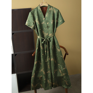 连衣裙女100%桑蚕丝收腰V领长裙夏季 裙子 真丝香云纱花萝短袖 高端