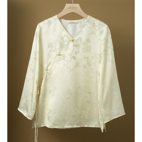 丝艺 25姆米百岁松提花真丝长袖V领上衣女桑蚕丝圆领盘扣衬衫早春