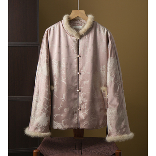 丝艺填充100%桑蚕丝交织织金提花水貂毛真丝棉服外套女国风立领冬