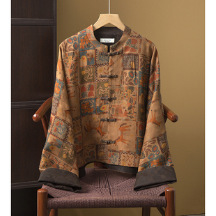 丝艺 100%桑蚕丝绢纺香云纱印花真丝国风挽袖外套女盘扣立领开衫