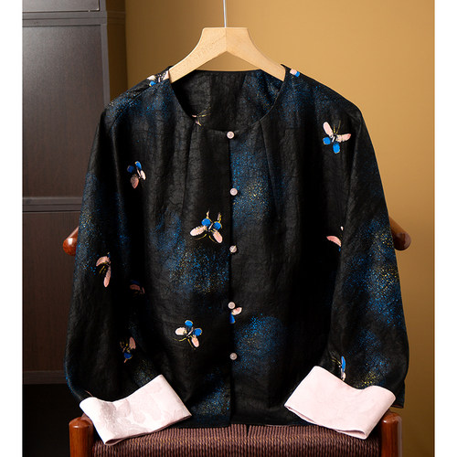 丝艺 蝴蝶图案100%桑蚕丝香云纱龟纹真丝新中式外套国风开衫上衣