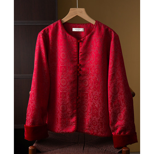 丝艺填充100%桑蚕丝螺钿织金丝毛宽松国风棉服女新中式正襟棉衣冬