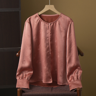上衣女新中式 3.28新品 100%桑蚕丝暗纹提花真丝圆领长袖