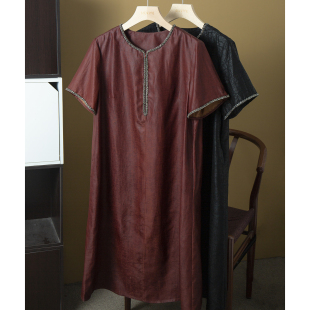 亏清 钉珠香云纱龟纹红云纱真丝连衣裙女夏季100%桑蚕丝短袖裙子