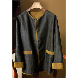 丝艺双面穿老钱风金龟缎老料100%桑蚕丝香云纱龟裂纹开衫真丝外套