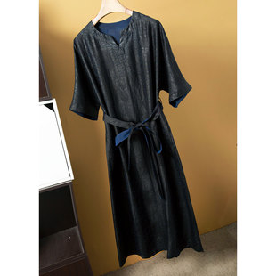 现货 长裙夏 双面穿重磅香云纱龟裂纹真丝连衣裙100%桑蚕丝V领短袖