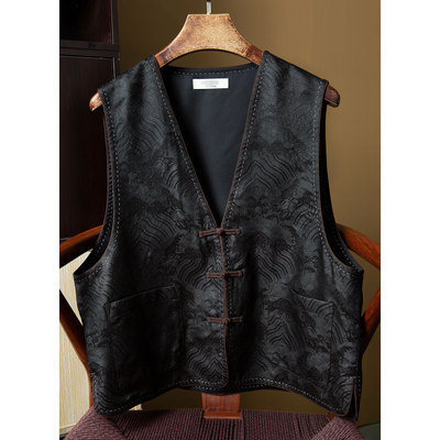 丝艺黑色海浪纹国风真丝提花马甲女年轻版桑蚕丝盘扣背心上衣春秋