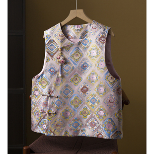 高端福象福相100%桑蚕丝桑蚕丝新中式宋锦提花真丝马甲女斜襟外套