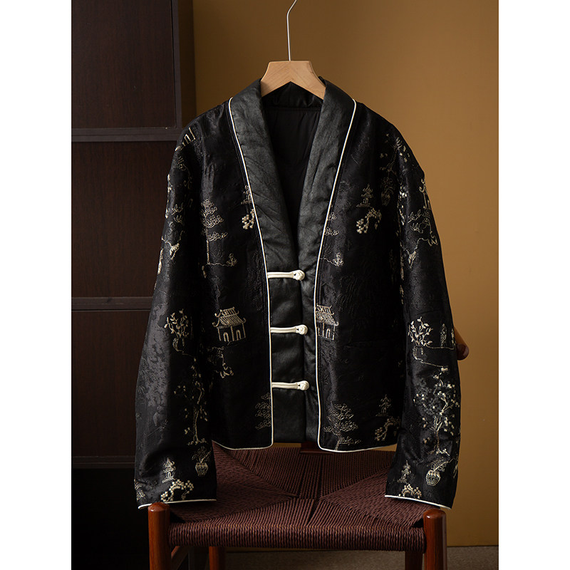 丝艺 国风刺绣宋锦真丝V领95白鹅绒女新中式外套100%桑蚕丝盘扣冬