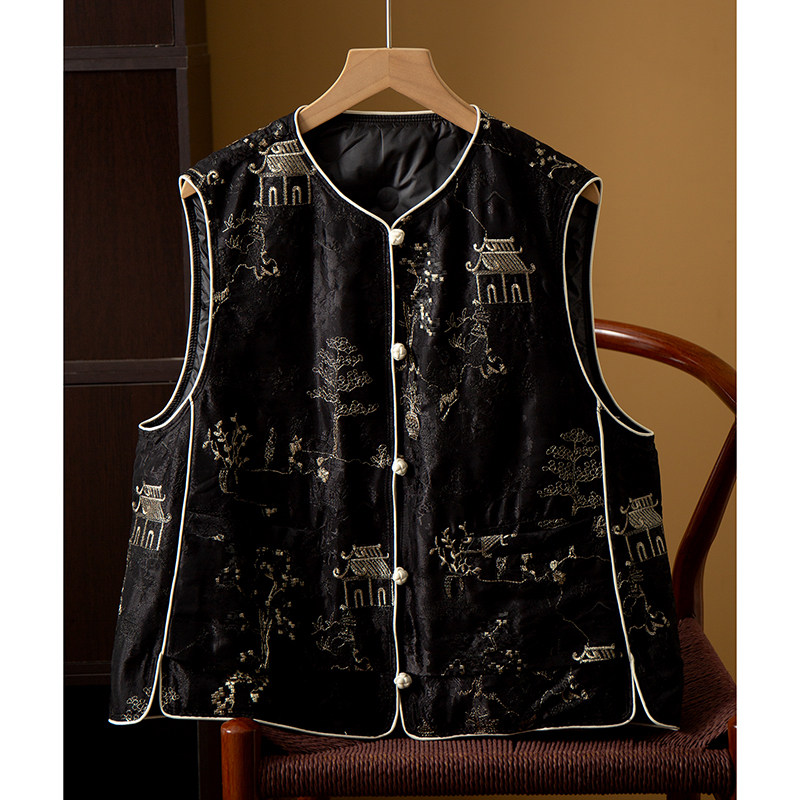 丝艺 重工丝绒刺绣提花95白鹅绒羽绒马甲女100%桑蚕丝一排扣外套