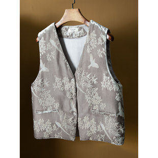 高端 激光烧花老钱风真丝丝绒夹棉马甲古典优雅国风V领背心马夹冬