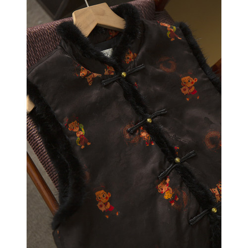 高端填充100%桑蚕丝国风香云纱棉服马甲女新中式真丝水貂毛外套冬