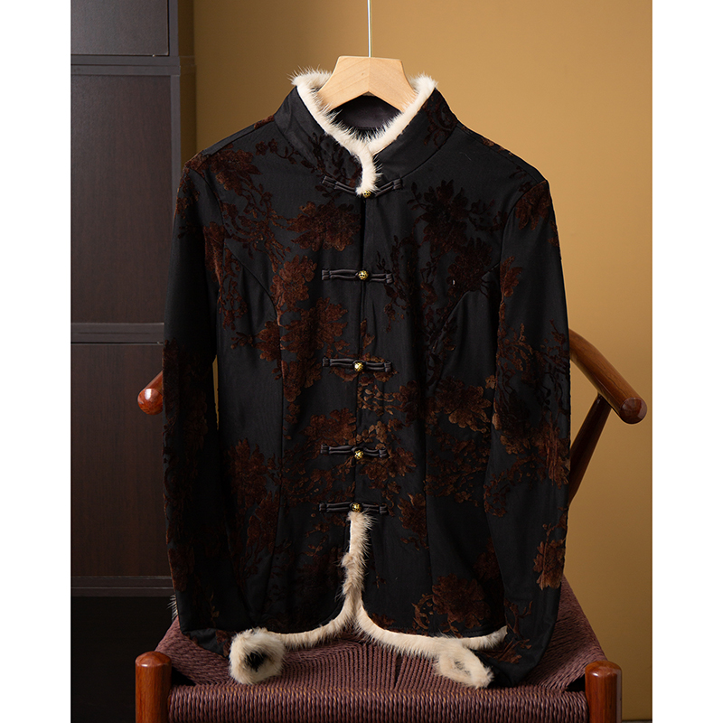 丝艺 水貂毛立领新中式外套开衫女重磅正门襟宽松显瘦国风上衣冬